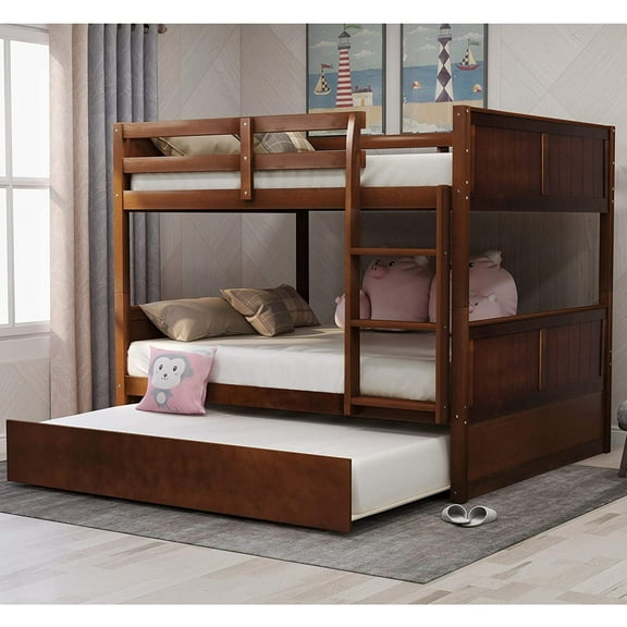 Harper & Bright Designs Full Over Full Bunk Bed with Twin Size Trundle, Walnut