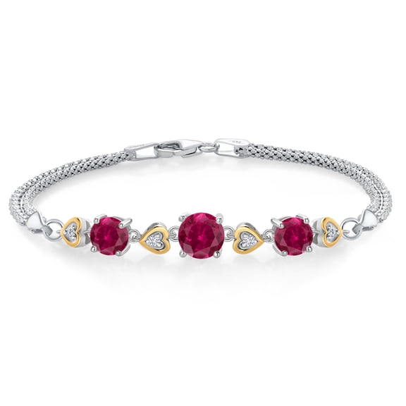 Gem Stone King 925 Sterling Silver and 10k Yellow Gold Red Created Ruby and White Lab Grown Diamond Bracelet for Women (3.63 Cttw, Round 7MM and 6MM, 6.5/7/7.5 inch, Made in Italy)