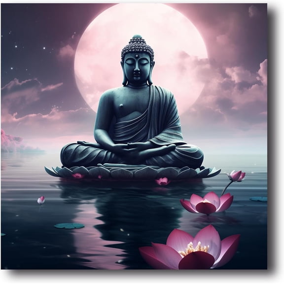 Buddha Canvas Wall Art Buddha Statue & Lotus Flower Painting Prints Zen Pictures Buddhist Spiritual Artwork for Yoga Spa Meditation Room Framed(Picture-3, (16.00" x 16.00"))