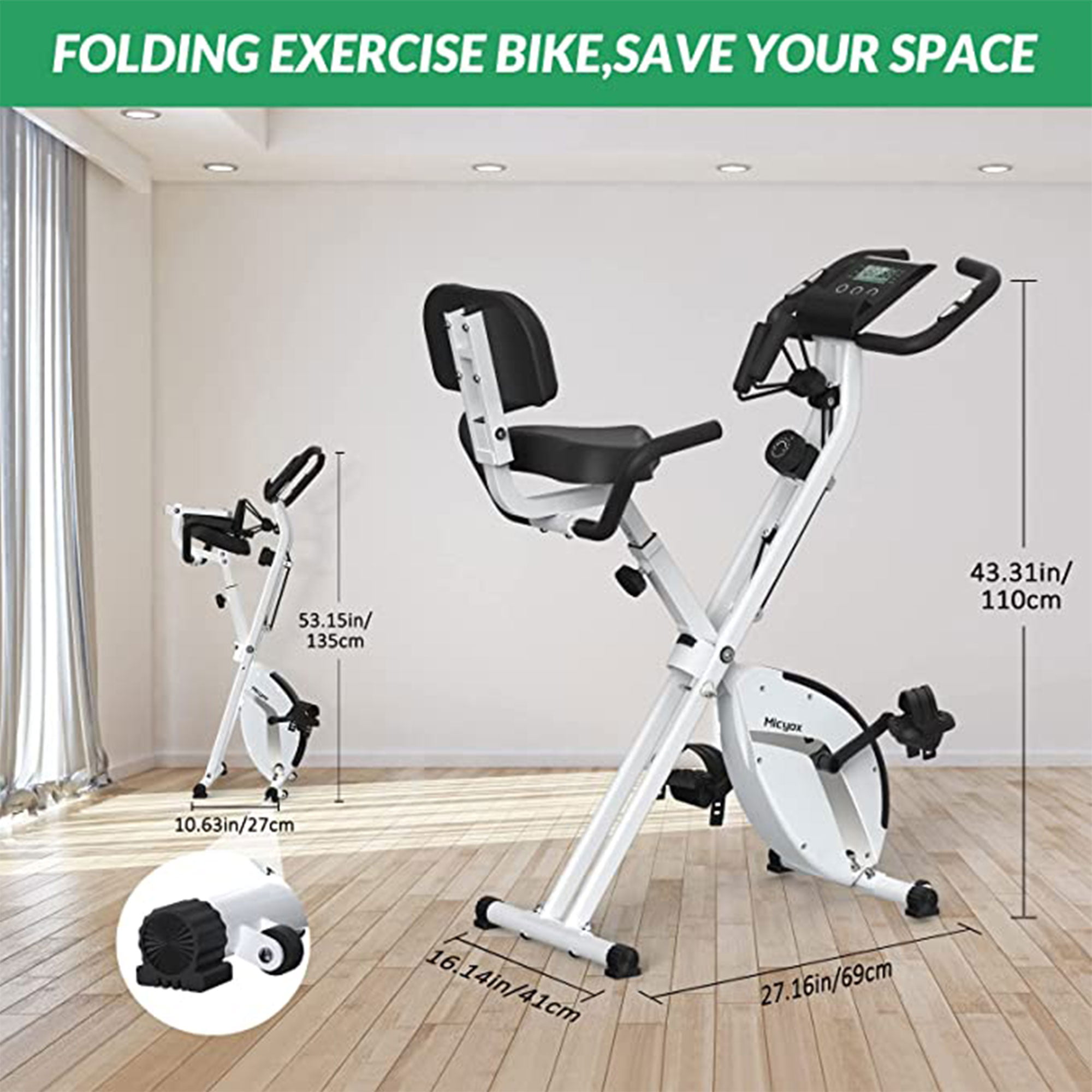 MICYOX Folding Exercise Bike with Arm Resistance Band and Pulse Sensor 