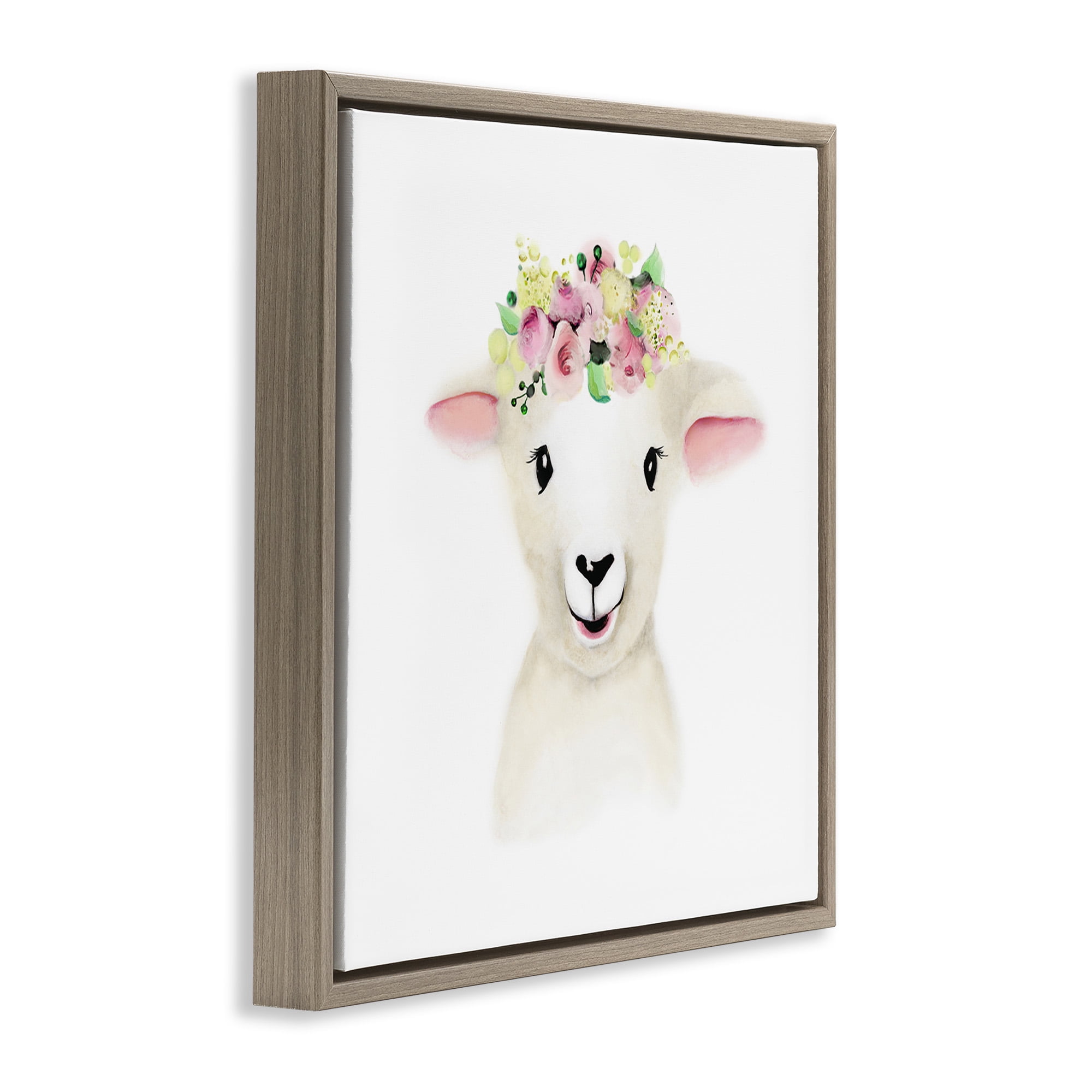 Stupell Industries Baby Lamb Sheep Flower Crown Art for Kids Painting Brown Floater Framed Canvas Art Print Wall Art, 25 x 25