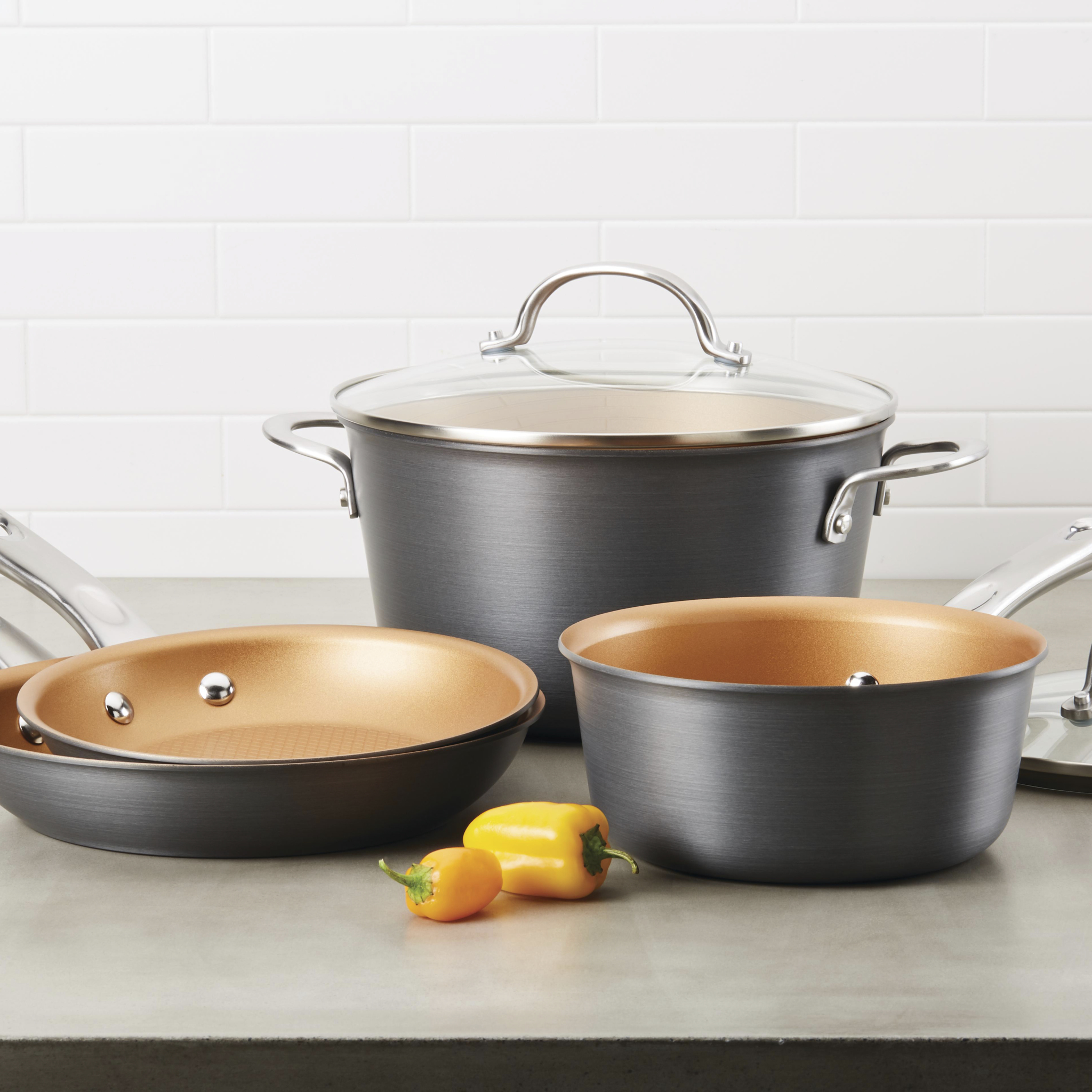 Ayesha Curry Home Collection 9.75 inch Porcelain Enamel Nonstick Chef Pan with Pour Spouts, Brown Sugar