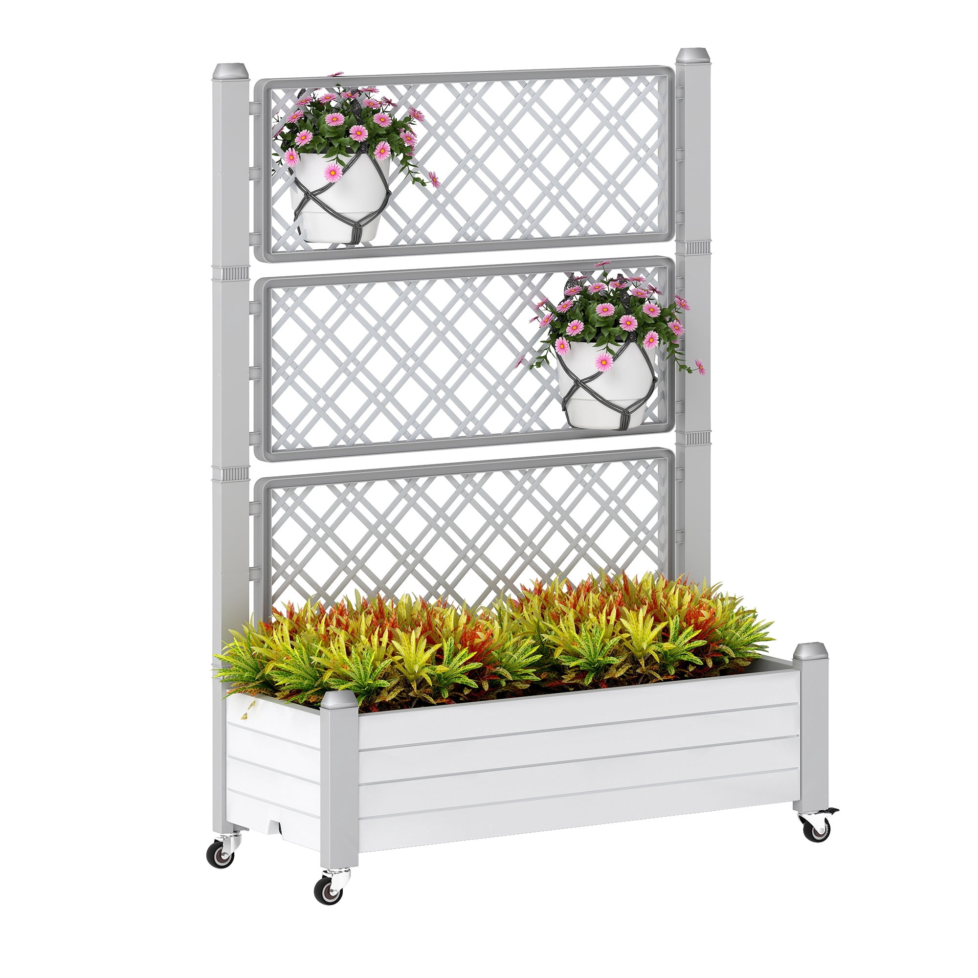 Uforic 3.6 x 1.5 x 5 FT Raised Garden Bed with Trellis, Large Outdoor Planter Box on Wheels for Patio, Grayish-White for Climbing Plants Vegetables