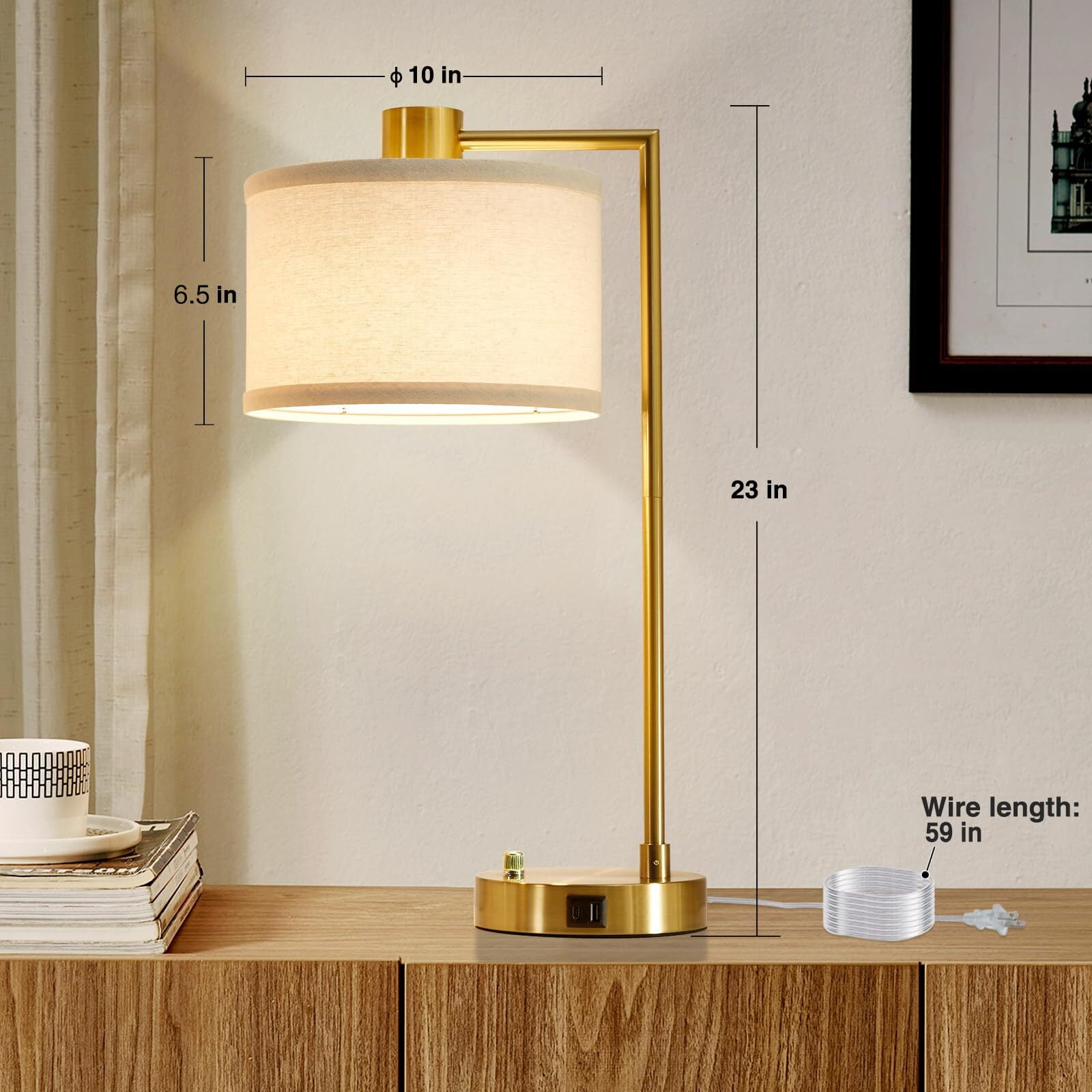 NATYSWAN Table Lamp for Bedroom Set of 2 with USB C+A Ports, Fully Stepless Dimmable Bedside Lamp with Linen Lampshade, Nightstand Lamp for Living Room Reading Office, 2 LED Bulbs Included (Gold)