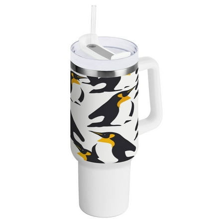 

40 Oz Car Handle Water Bottle 10.8x3.85 Inch Handle And Straw Travel Water Bottle Reusable Stainless Steel Water Bottle Black Penguin