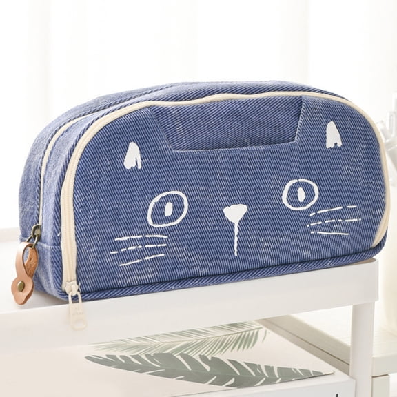 Cute Cat Pattern Canvas Pencil Case, Large Capacity Fold Open Stationery Bag with Inner Mesh Pocket, Soft Fabric Pencil Pouch for Primary Secondary School Students Office Stationery Storage