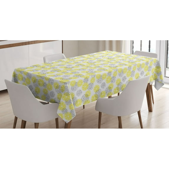 Lemon Tablecloth, Fresh Organic Botanical Pattern of Sliced Sour Healthy Summer Citrus Themed, Rectangle Satin Table Cover Accent for Dining Room and Kitchen, 60" X 84", Yellow and Grey, by Ambesonne