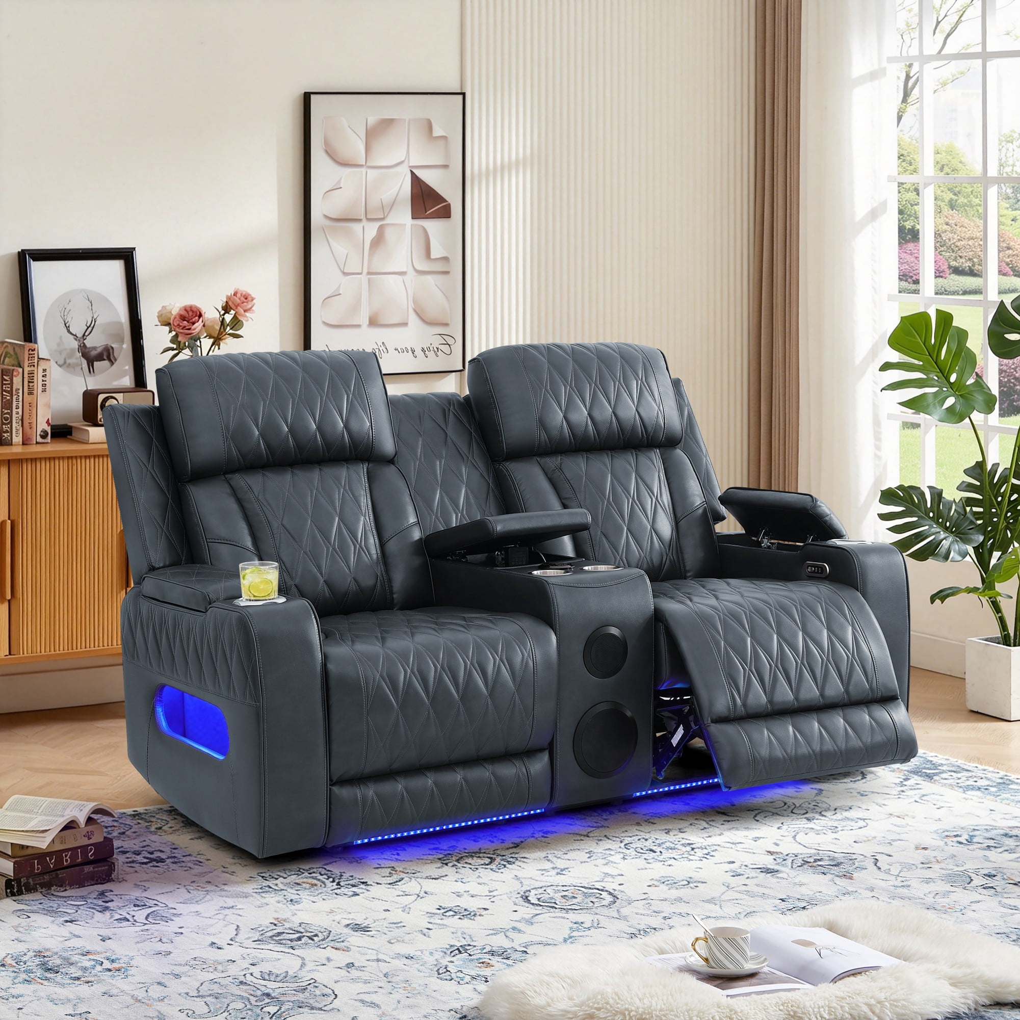 Gewnee Power Recliner with LED Ambient Lights, Built in Bluetooth Speakers, Usb & Type‑C Ports, Hidden Storage, Home Theater Seating with Cup Holders, Air Leather‑Blackish Gray
