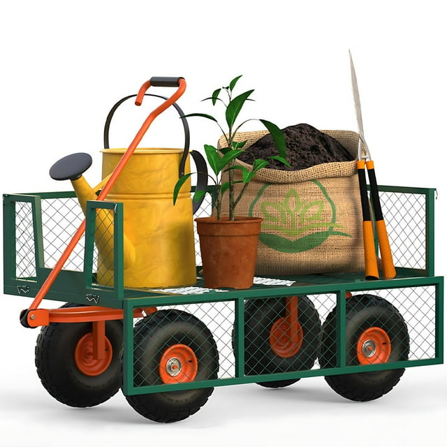 Heavy Duty Garden Cart – 3-in-1 Utility Steel Wagon with Removable Mesh Sides, 180° Rotating Handle & 10" Tires for Yard, Garden, Lawn
