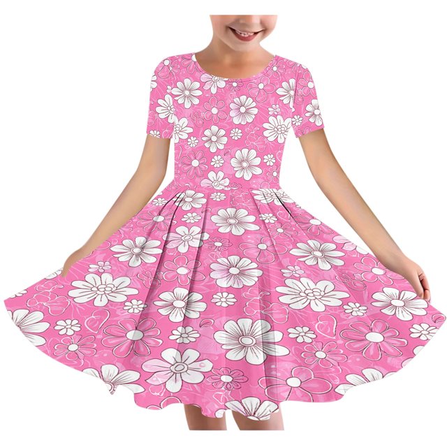 RXIRUCGD 2025 Summer Clothes for Kids Girl's Flower Print Short Sleeve Stretchy Dress Summer Sleeve Round Neck Dress Dance Skirt for Kids