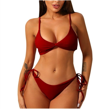 OSFVNOXV Womens High Waisted Bikini 2-Piece Bathing Suit Solid Color Small Cups Balconette Bra String Thongs Underwear Summer Holiday Swimwear Beachwear Clearance