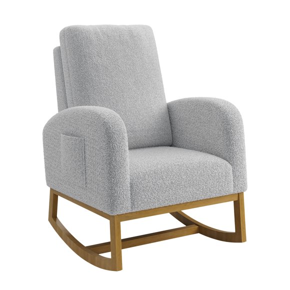 Light Gray Soft Cuddly Upholstered Nursery Rocking Chair – High Backrest Glider with Wood Legs, Side Pocket, Comfortable Accent Rocker for Living Room or Bedroom, Light Gray