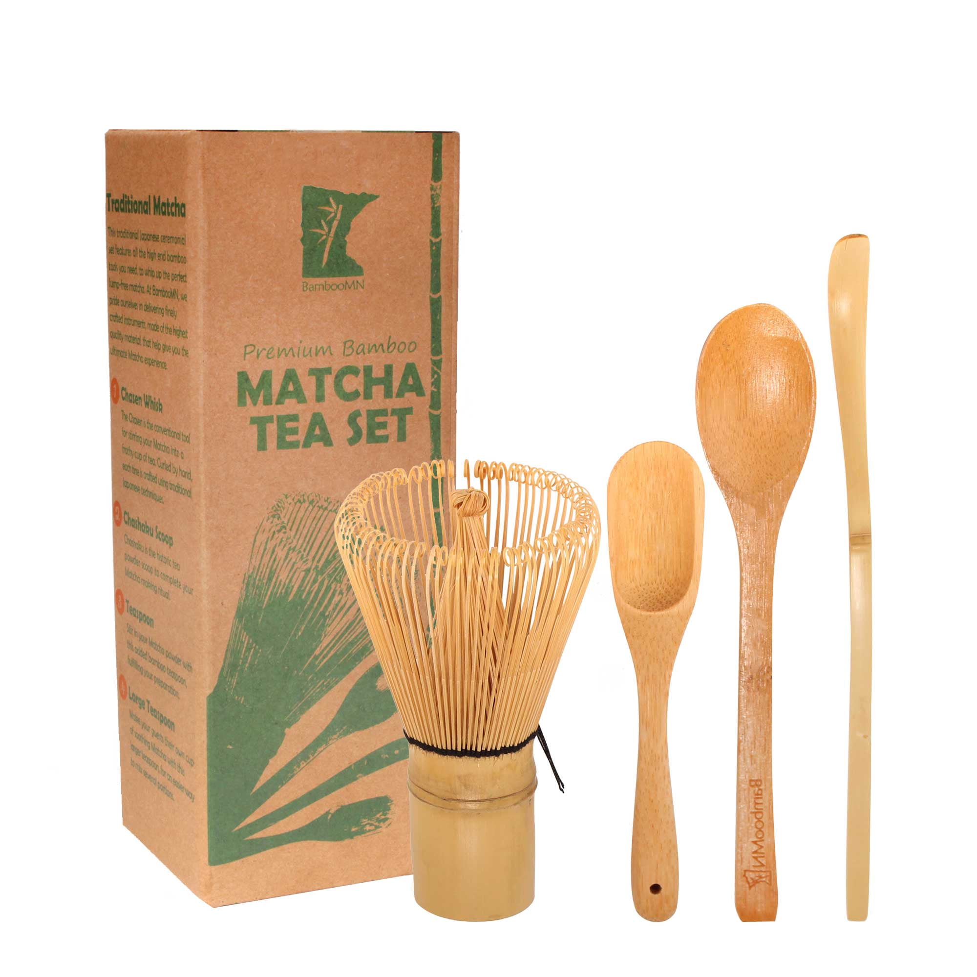 1 Set Hooked Bamboo Scoop Skinny Golden Chasen + Tray Tea Whisk Chashaku 