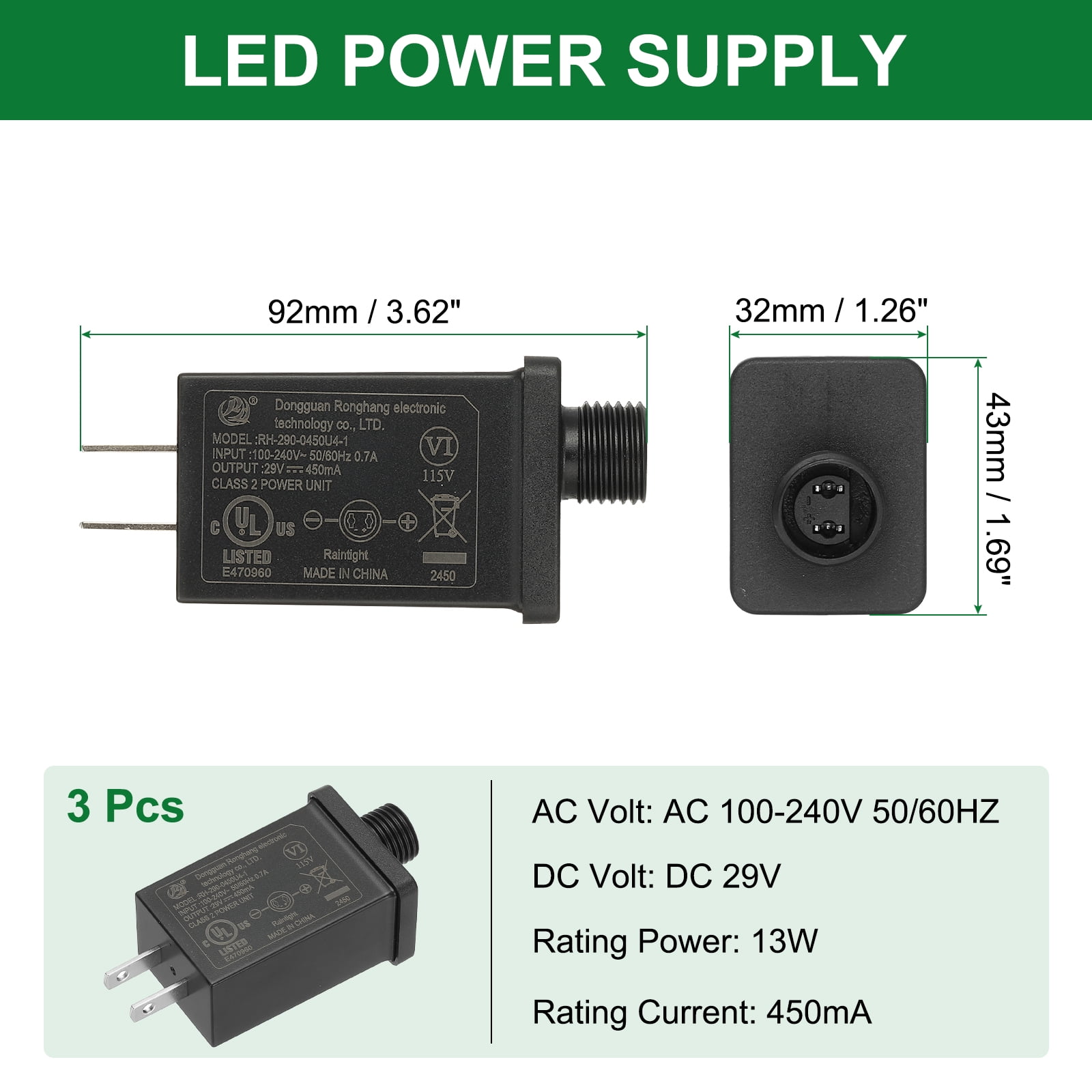 Uxcell 29V 13W LED Power Supply, 3pcs DC Low Voltage Transformer IP44 LED Driver, Black