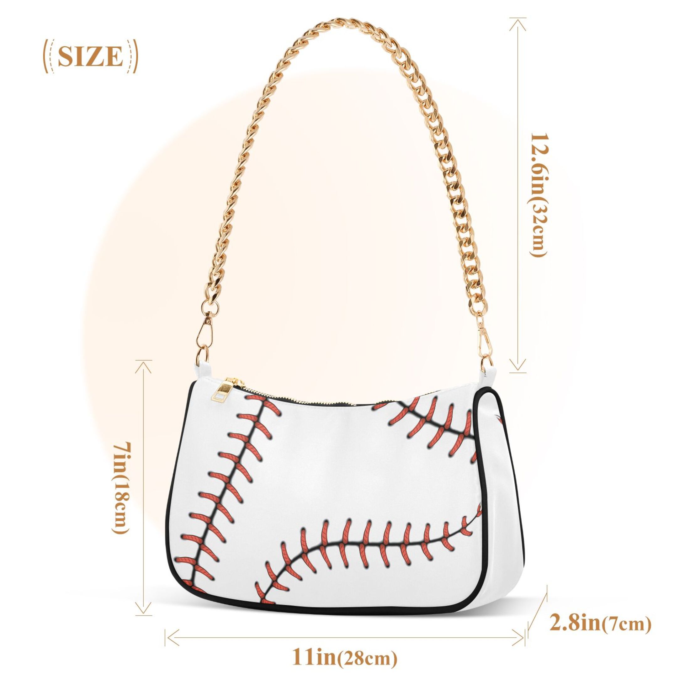 White Baseball Womens Chain Shoulder Bag Tote Handbag Clutch Hobo Purse with Zipper for Travel Casual
