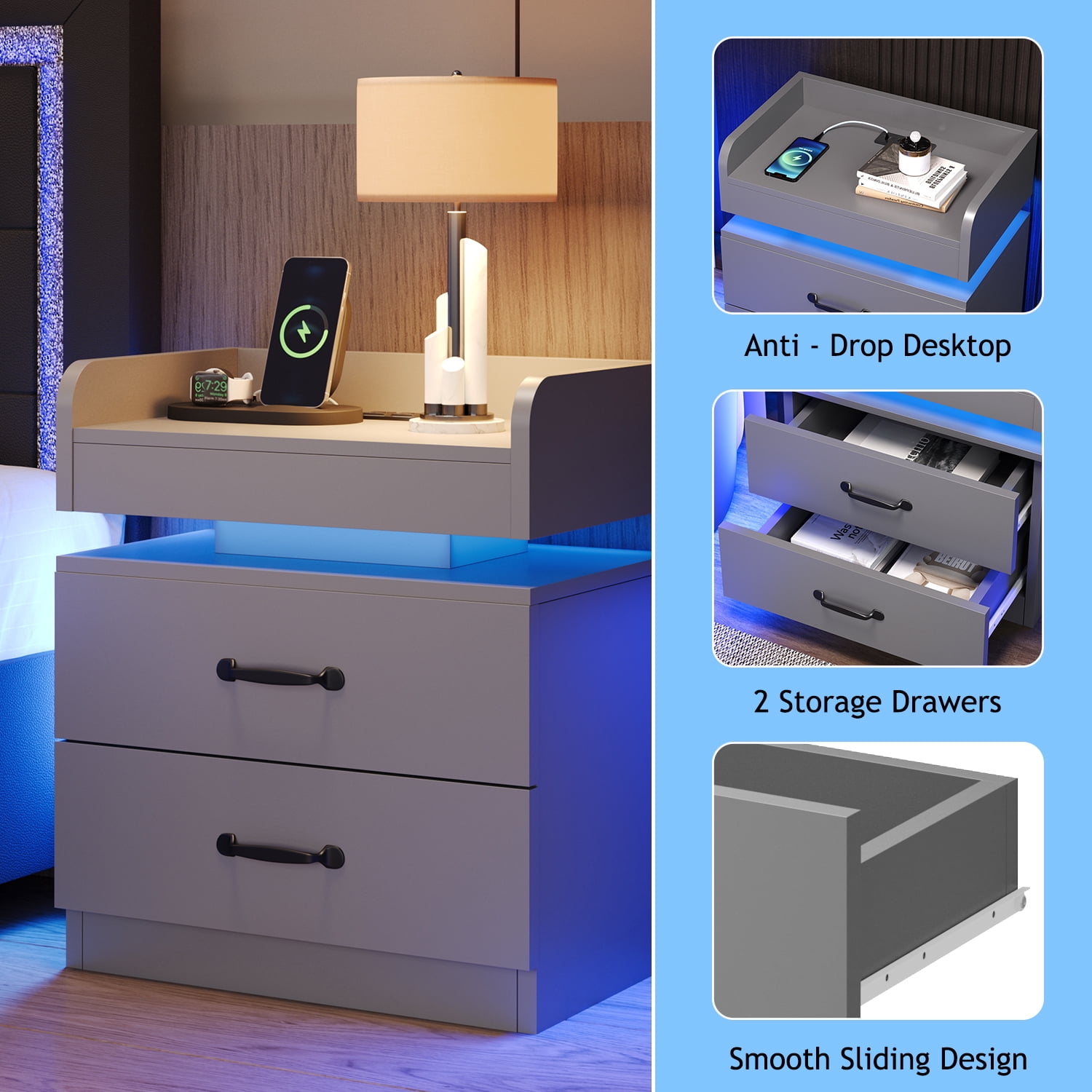 4 EVER WINNER Nightstand with Charging Station, LED Night Stand with 2 Drawers, Modern Beside End Table Side Table for Bedroom Living, Gray