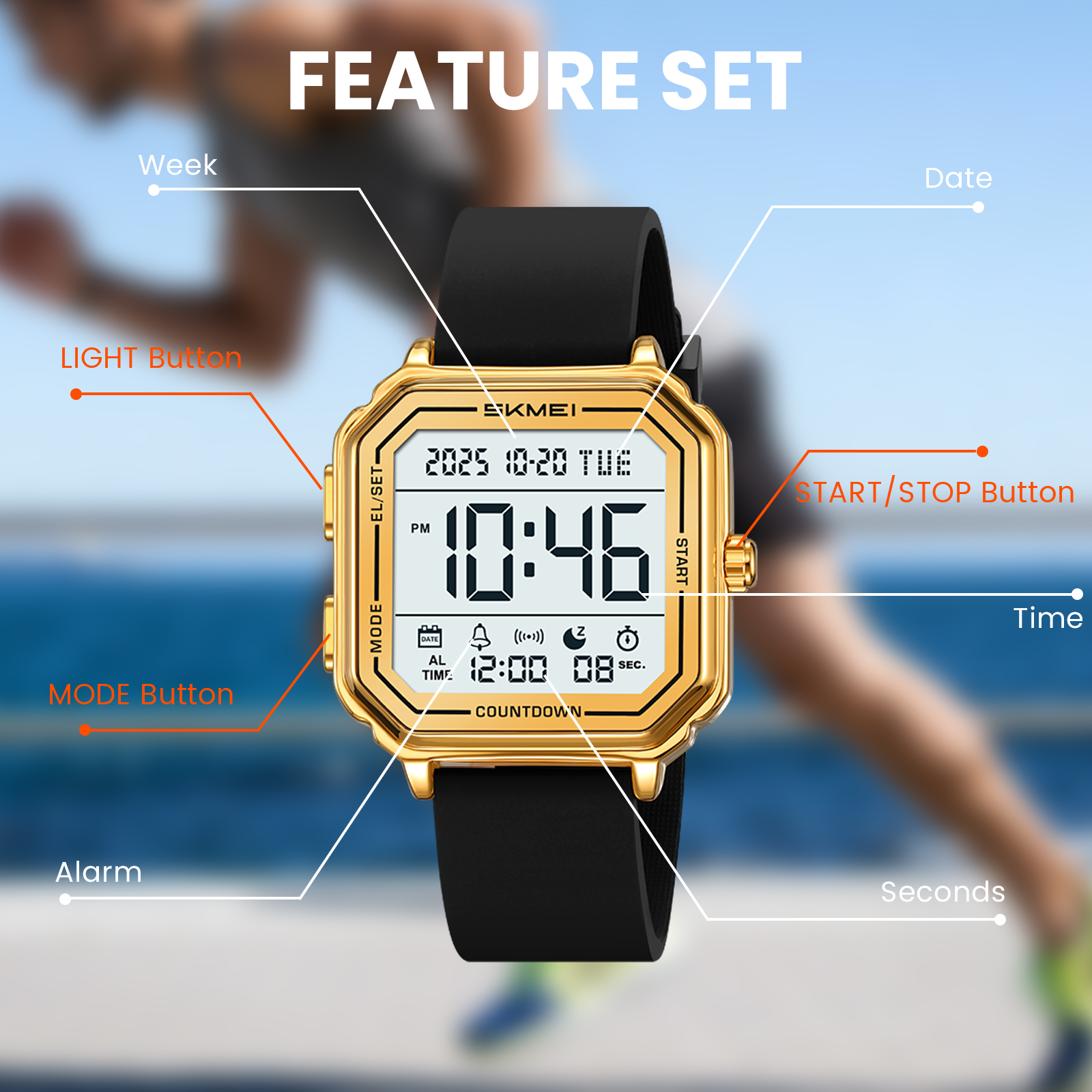 SKMEI Mens Digital Watch Sports Waterproof Outdoor Large Face Military Watches for Men with Stopwatch LED Back Ligh Alarm
