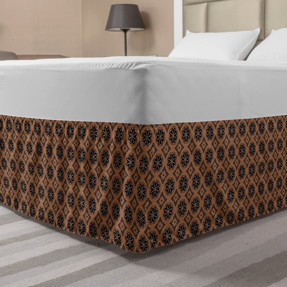 Aboriginal Bed Skirt, Traditional Inspired Pattern with Geometric and Floral, Elastic Bedskirt Dust Ruffle Wrap Around for Bedding Decor, 4 Sizes, Umber Charcoal Grey, by Ambesonne
