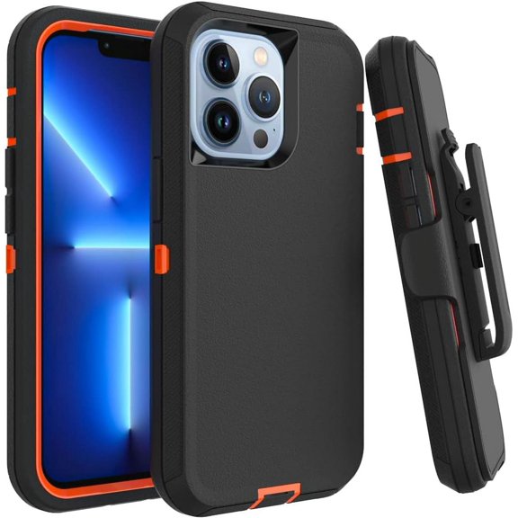 Case for iPhone 13 Pro with Clip, Heavy-Duty Tough Rugged Shockproof Drop Protective Cover Phone Cases, Black Orange