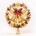 thumbnail image 5 of TTJ Lighted Christmas Tree Topper, 7.87 Inch Gold Double Bells with Angel Wings, Red Bow and Star, Warm LED Illuminated Wreath Design, Spring Base Holiday Tree Decoration(F), 5 of 6
