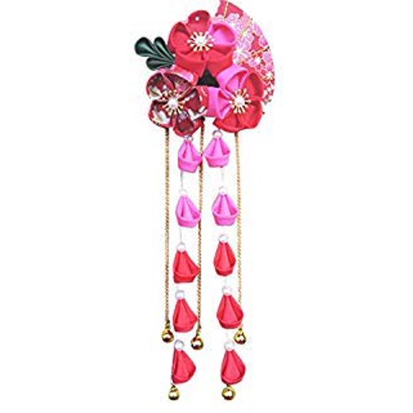 CRB Fashion - Kimono tradicional para mujer y niña, estilo Tsumami Kanzashi, para boda, japonés, asiático, Yukata, lazo para el pelo, flor floral, pasador (rojo)