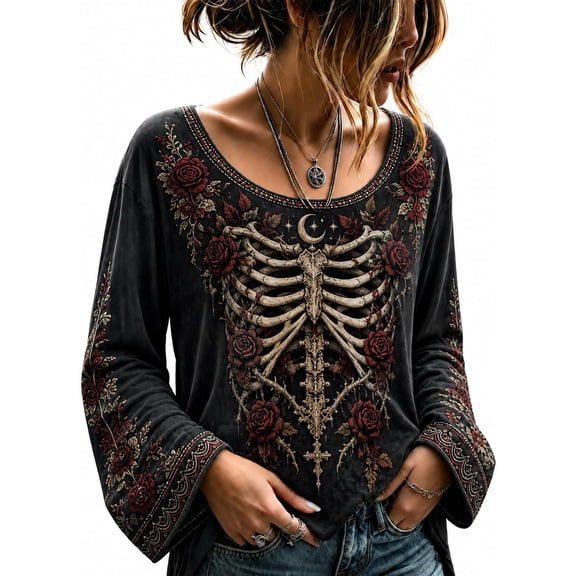 Womens Halloween Shirt, Floral Skeleton Ribcage Print Bell Sleeve Gothic Blouse, Spooky Season Halloween Costume Top for Women