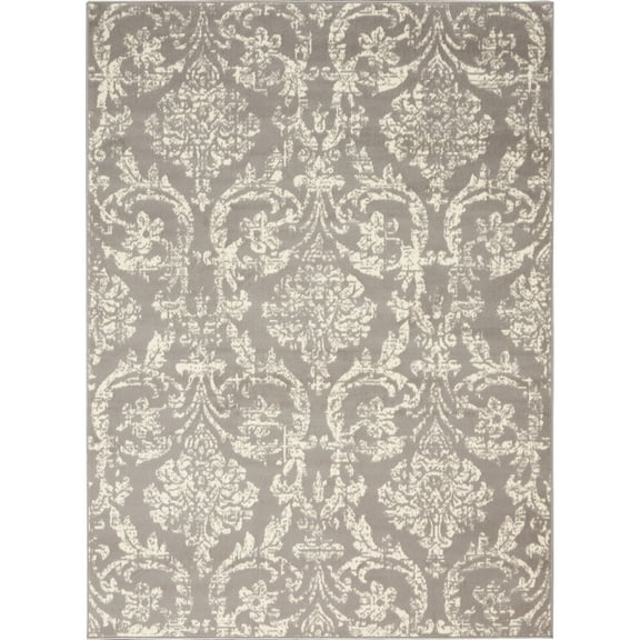 HomeRoots 5' X 7' Gray Damask Power Loom Non Skid Area Rug
