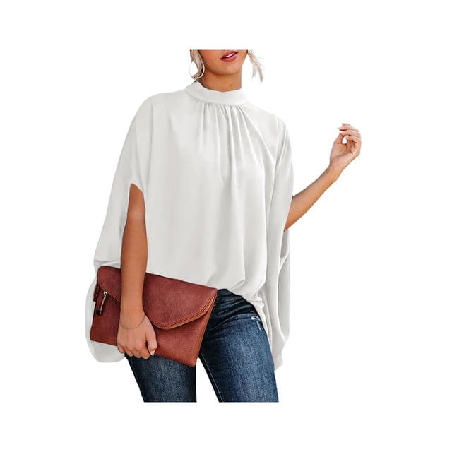 VISgogo Blusa de verano para mujer, manga de murciélago, camisa informal lisa/estampada con cuello simulado, blusas sueltas para mujer VISgogo moda