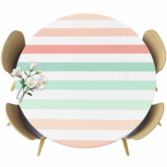 Peach Pink Green Ombre Round Tablecloth, Fitted Table Cover with Elastic for 36"-44" Round Tables, Farmhouse Stripe Modern Table Cloth Outdoor Indoor Dinning Party Waterproof Tablecloths