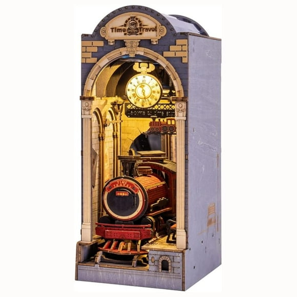 ROBOTIME DIY Book Nook Kit Insert Bookcase Book Stand 3D Wooden Puzzle DIY Miniature House Wood Bookend Book Nook Model Building Kit with LED Light Booknook Decoration (Time Travel)