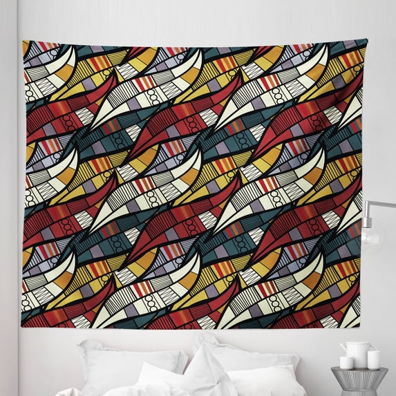 African Tapestry, Diagonal Abstract Leaves with Circles Chevrons Lines Traditional Cultural Heritage, Fabric Wall Hanging Decor for Bedroom Living Room Dorm, 5 Sizes, Multicolor, by Ambesonne