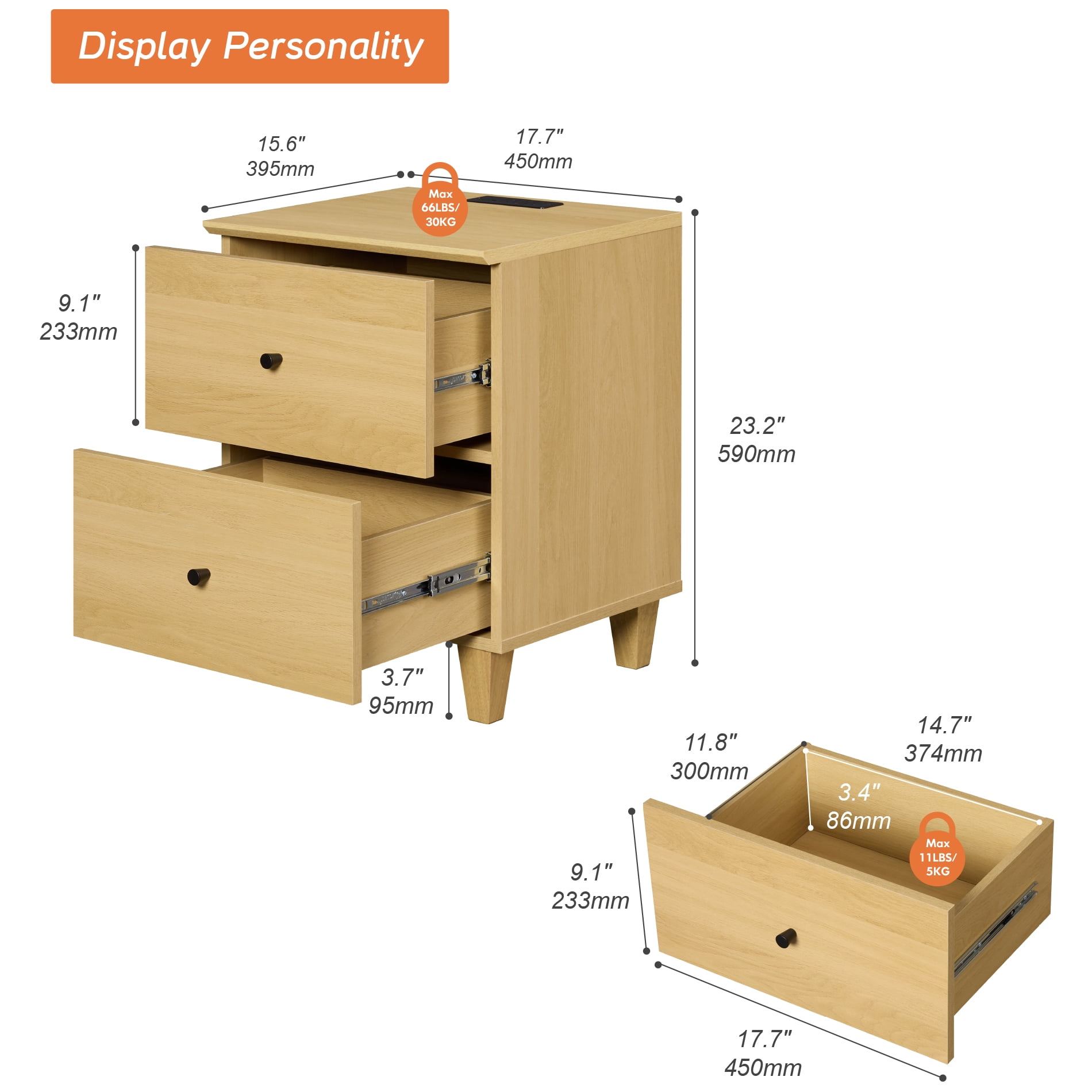 Modern End Table with Charging Station, Wooden Side Table with 2 Storage Drawers, Small Nightstand for Living Room, Oak Wood