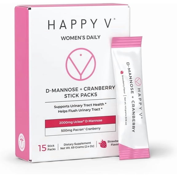 Happy V D-Mannose + Cranberry Stick Packs | Dr Formulated Urinary Tract Support Supplement | D Mannose Supplements for Women - Bladder Support - Promotes Urinary Comfort - 15 Stick Packs