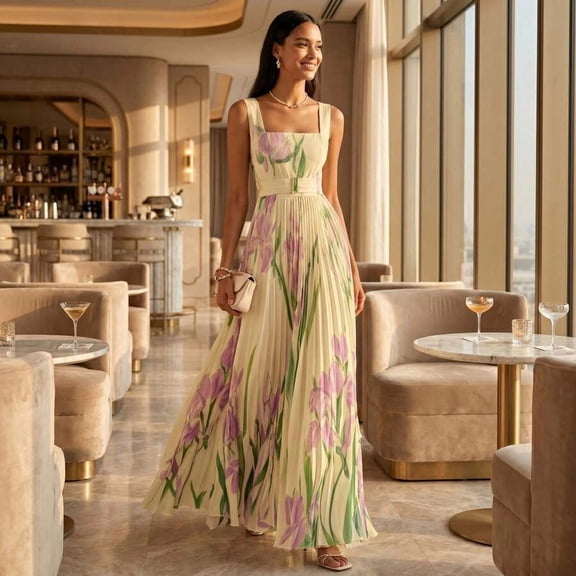 Women Square‑Neck Sleeveless Blue‑Iris Floral Print Belted Pleated Flowy Maxi Dress, Elegant Casual Summer Long Dress