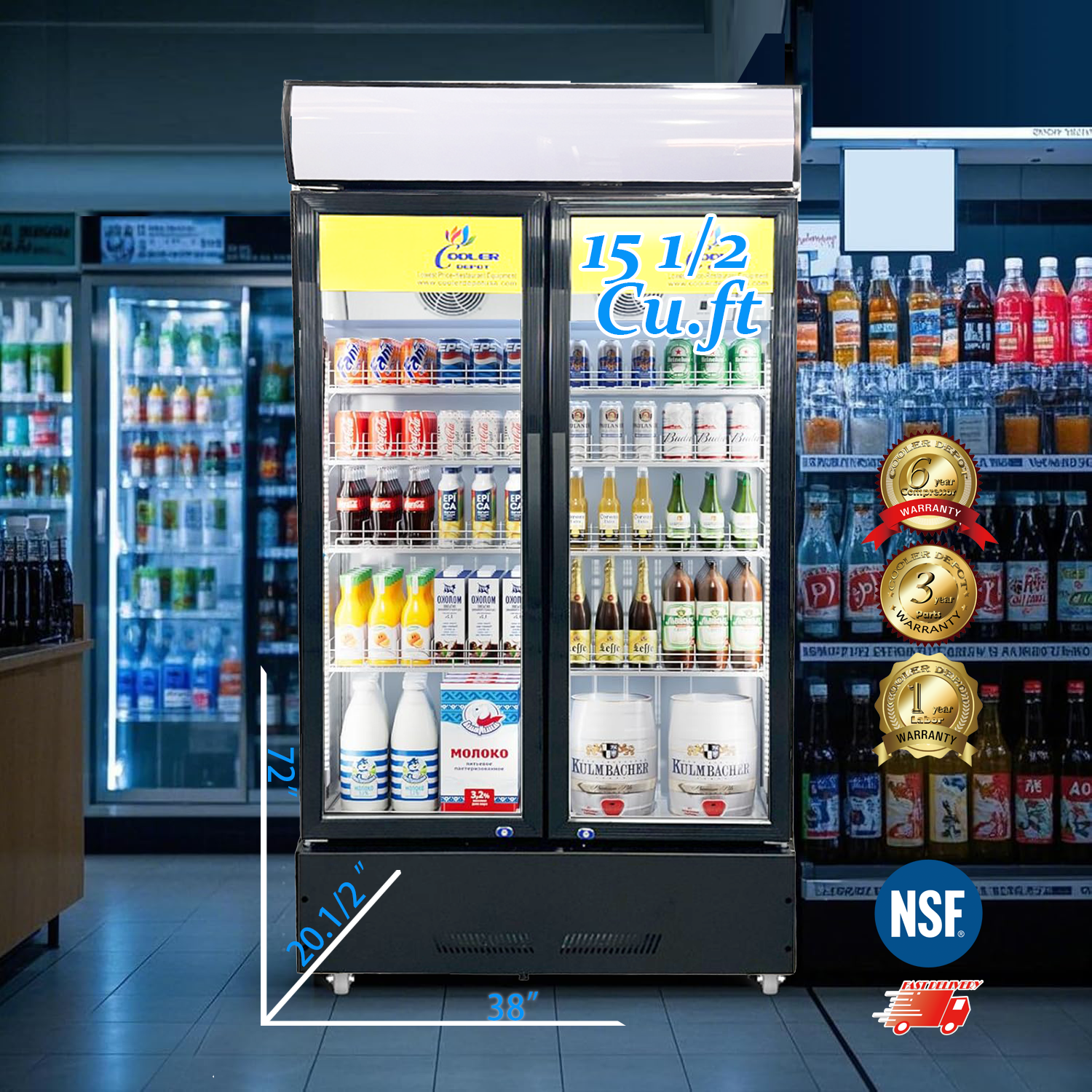 39 inch, 15.5 cu.ft, Commercial Refrigerator Merchandiser, 2 glass door cooler, NSF Certified.