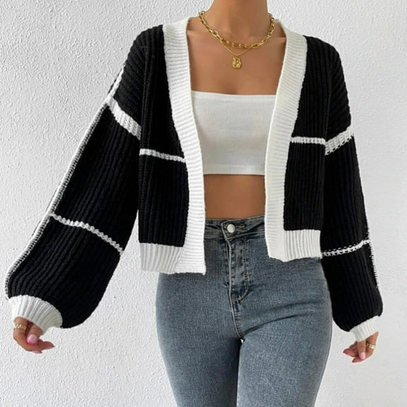 Qulqfy Women Short Cardigans Knitting Cropped Black Open Front Striped Cardigans Cotton Tops for Women for Teen Girls L