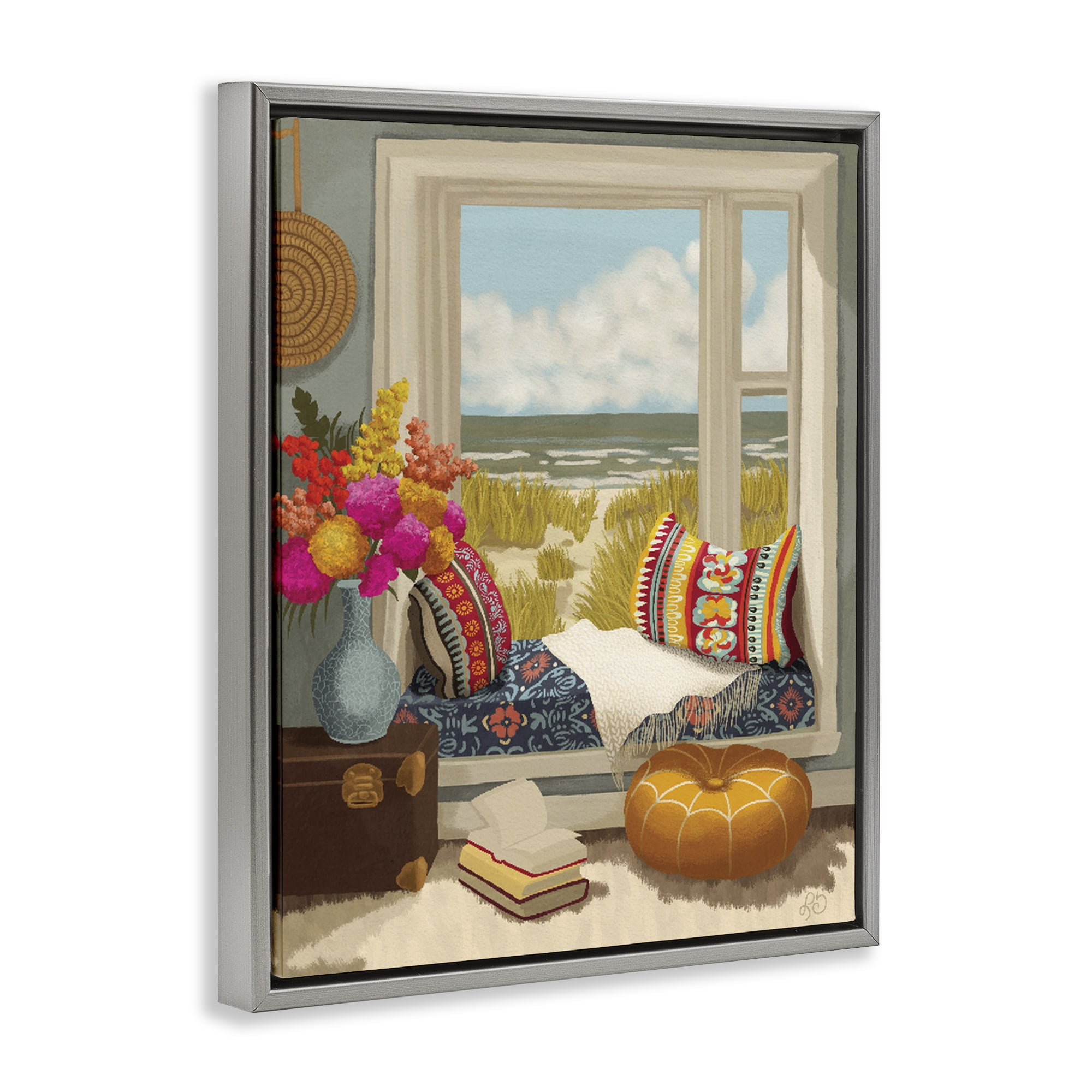 Stupell Industries Coastal Vacation Window Seat Gray Framed Floater Canvas Wall Art, design by Lisa R Dumm