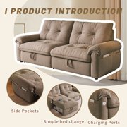 77 Queen Size Sofa Bed, Loveseat Sleeper Sofa with Pull Out Bed, Pockets and USB, Modern 2 Seater Convertible Small Couch for Living Room Bedroom Apartment, Brown