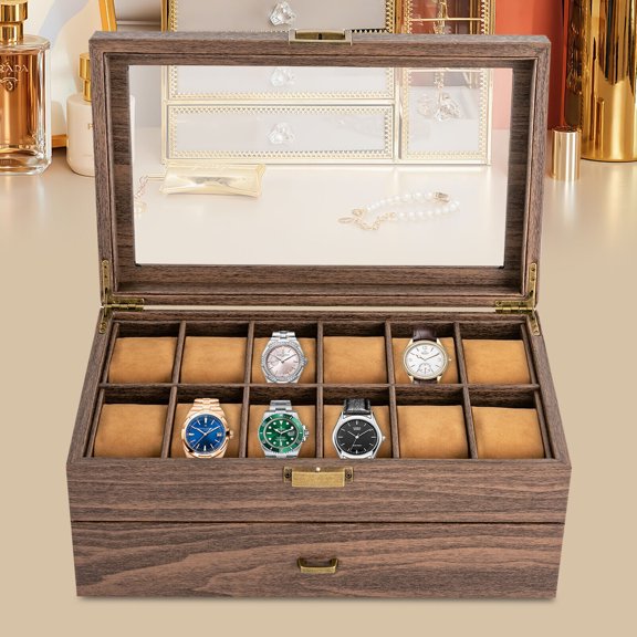 24 Slots Watch Box Watch Case Mens Jewelry Holder Watch Display Case W/ Drawer