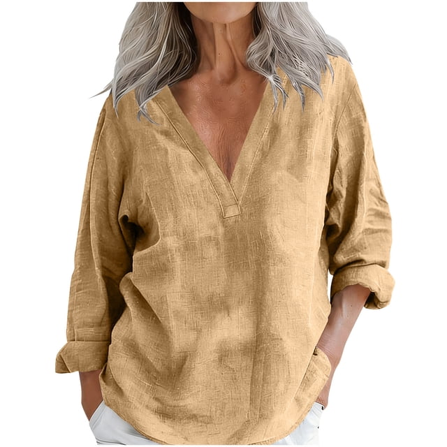 Camisas de Manga Larga Casual de las Mujeres Lino Mezcla V Cuello Color Sólido Suelto Ajuste Superior Transpirable para Primavera Verano