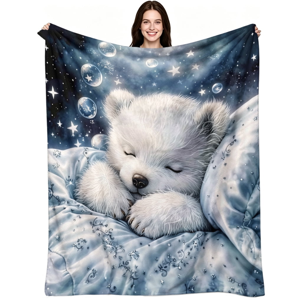Sleeping Dreamy White Polar Bear Starry Night Pattern Soft Warm Flannel Fleece Aesthetic Fantasy Magical Throw Blanket Cozy Warm Home Decor Couch Sofa Bed