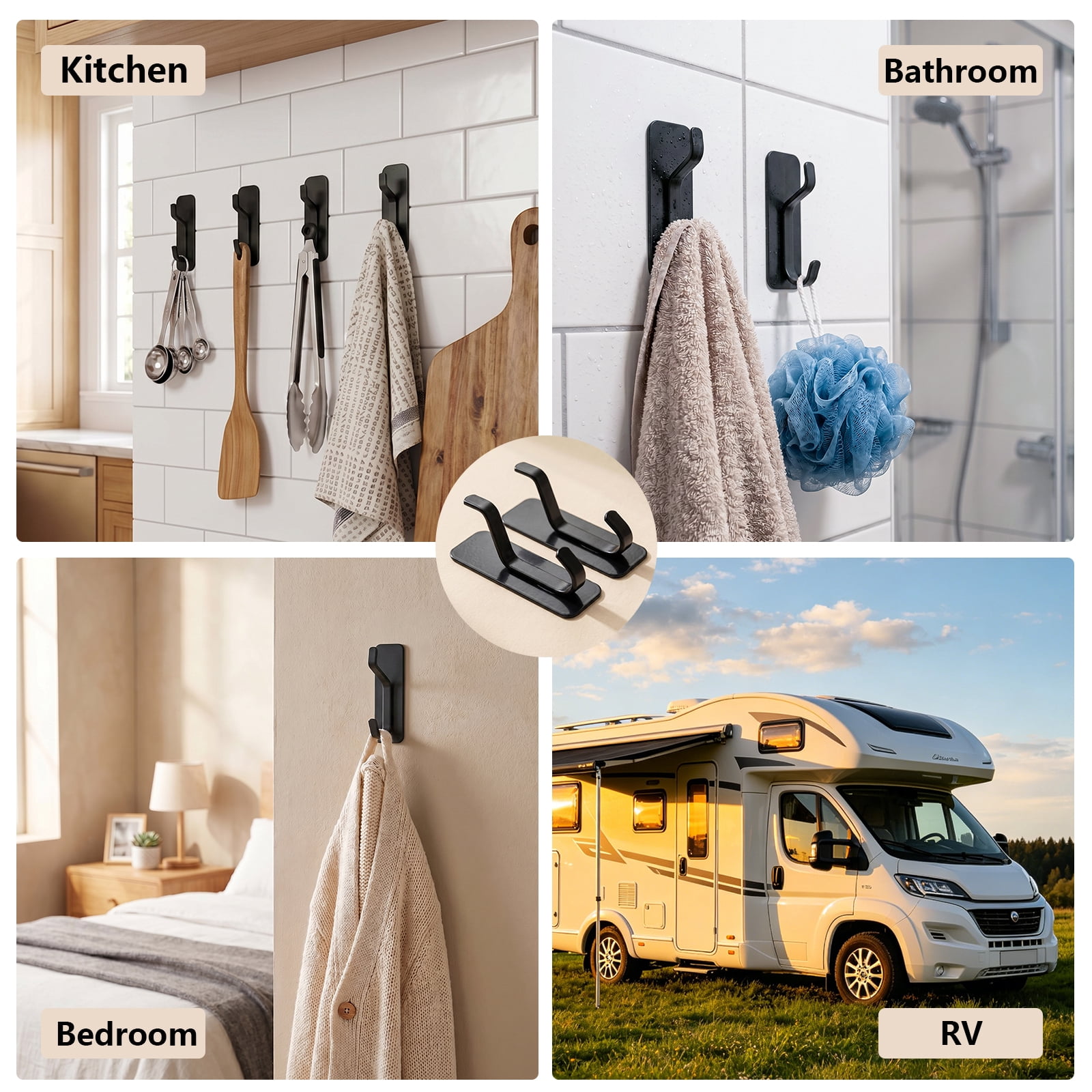 Koomade 4 Packs Coat Hook Wall Mounted Self-Adhesive Hanger for Shower Kitchen Bathroom,  Wall Hook for Towel, Backpack, Hat, Clothes, Keys, Purse, Black