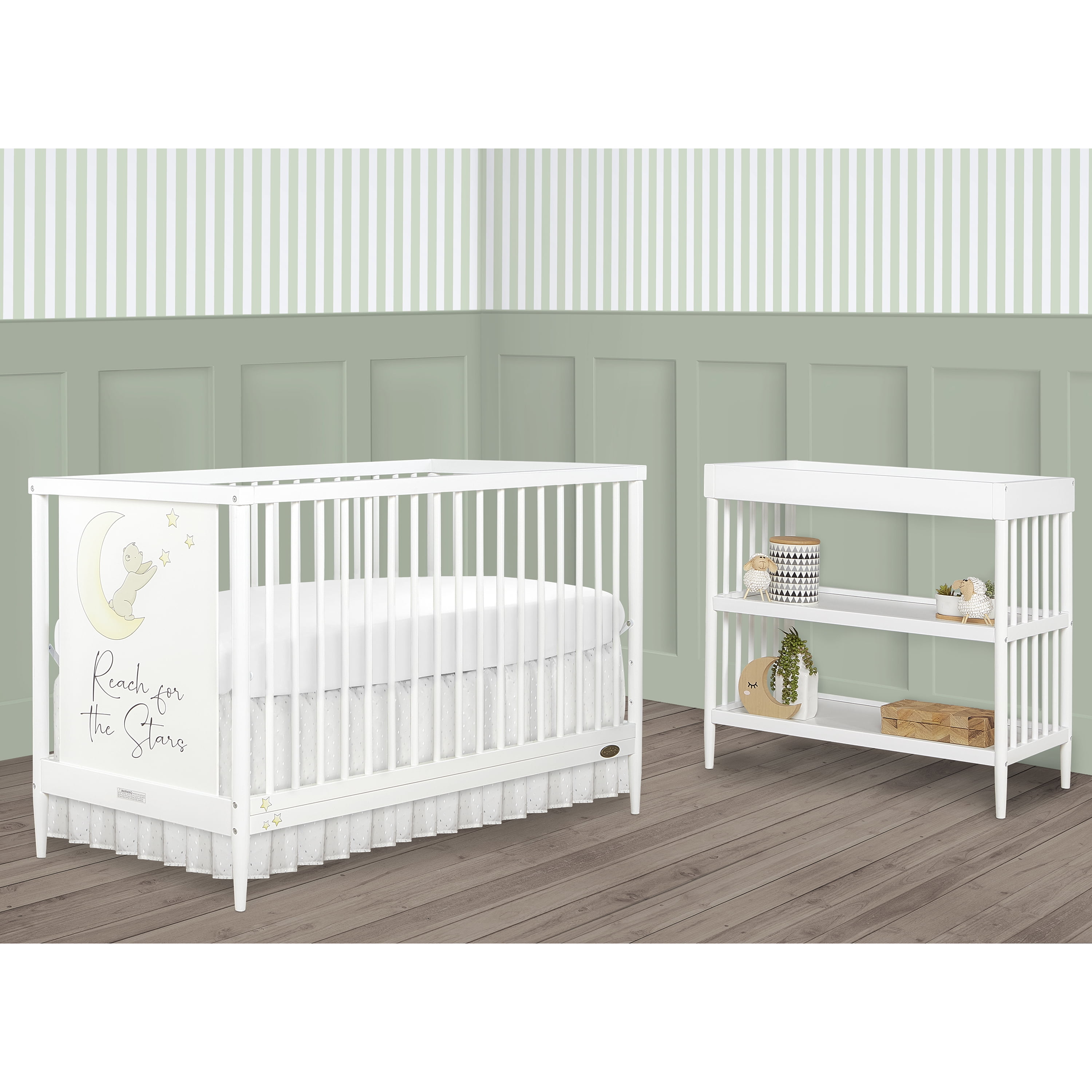 Dream On Me Moon Bear Reaching For The Stars 4 In 1 Modern Island crib With Rounded Spindles I Convertible Crib I Hand Printed Mural On One End Panel I Mid- Century Meets Modern in White Finish