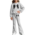 thumbnail image 3 of Girls 2-Piece Sweatsuit Set Long Sleeve Crewneck Top and Flare Pants with Bow Print Kids Casual Outfit for School Play Daily Wear, 3 of 4