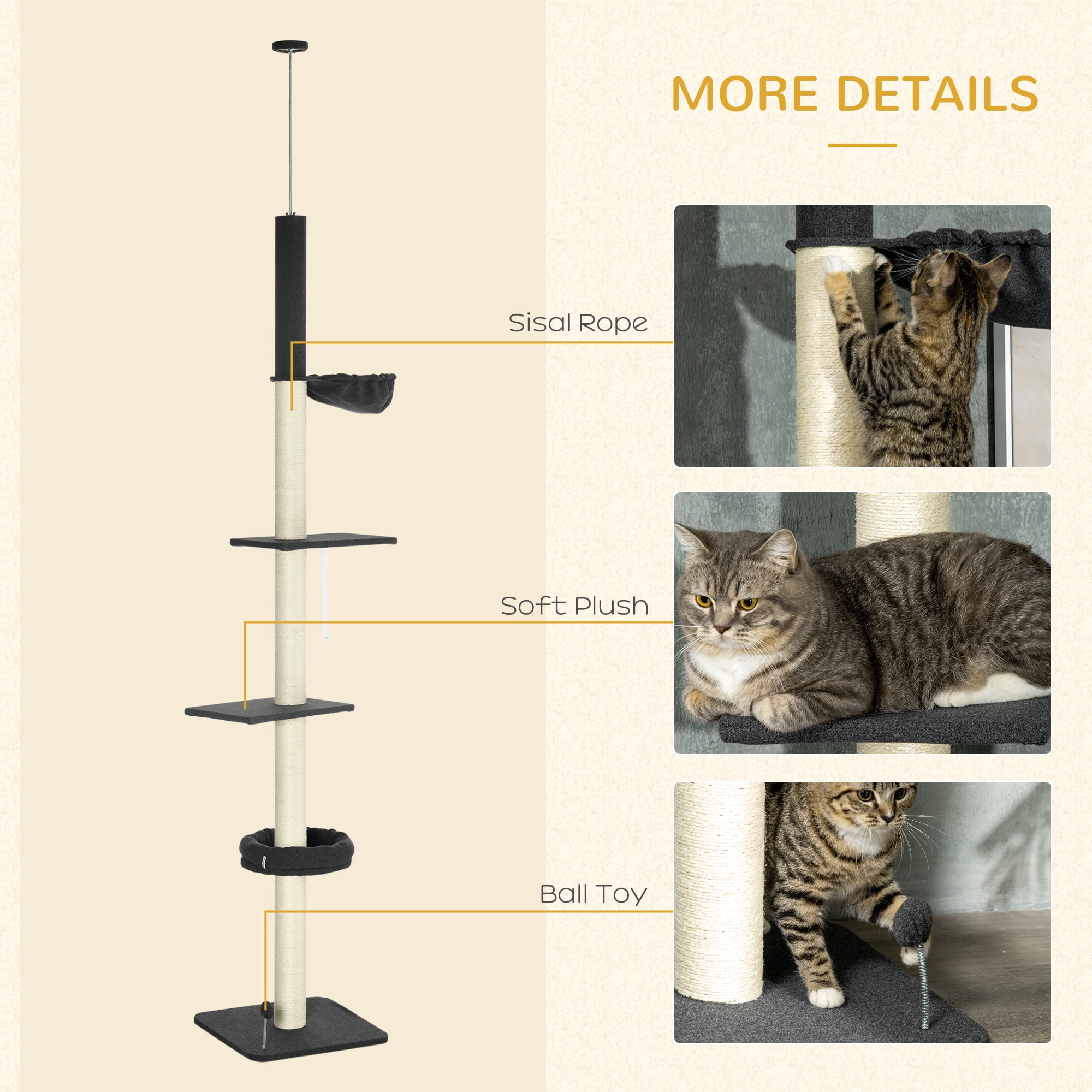 PawHut Floor To Ceiling Cat Tree, 5-Tier Cat Climbing Tower, 95''-106'' Height Adjustable with Carpeted Platforms, Cozy Bed, Hammock, Scratching Post & Toy Ball for Indoor Cats, Black and Cream