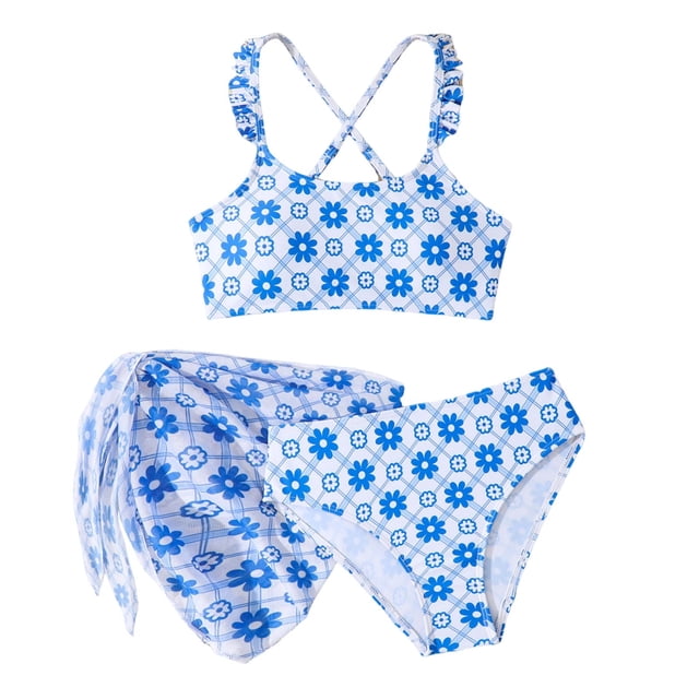 Yanlir Ensemble Bikini Trois Pièces pour Filles Style Robe Plage Vacances Fêtes à la Piscine Mode (Bleu, 8-9 Ans)