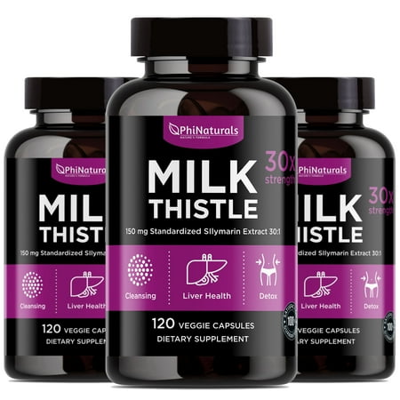 Milk Thistle Silymarin Supplement (Pack of 3) 30x Extract (Standardized 30:1) by Phi Naturals | 150 mg Per Capsule - 120 Capsules | Supports Liver Cleanse, Detox and more