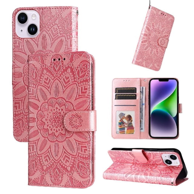 Funda tipo cartera GANGXUN para iPhone 15 Plus , diseño girasol, cuero PU, soporte, cierre magnético, tarjetero