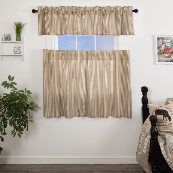 VHC Brands Sawyer Mill Charcoal 3 PC Ticking Stripe Curtain Set (1 Valance 16x72 and 2 Tier 36x36)