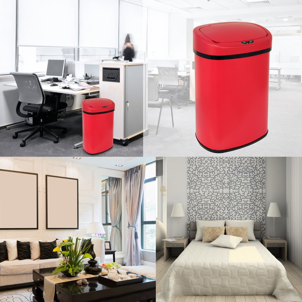Automatic Sensor 13 Gallon Trash Can Touch Free Trash Can No Touch Garbage Can Kitchen Waste Bin Bathroom Trash Can with Lid for Home Bedroom Office, Power by Battery, Red